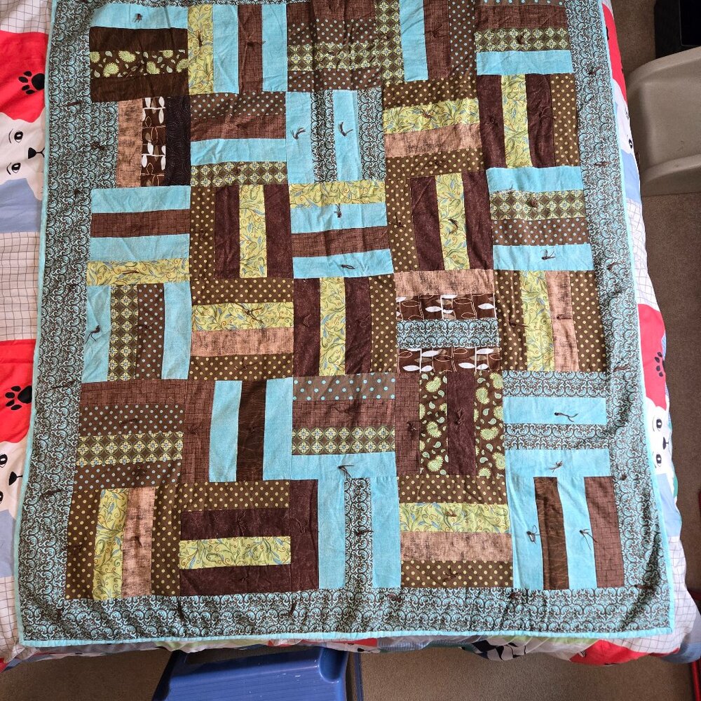 Handmade Quilted Lap Blanket, Teal/Brown Design, 51" L x 43.5" W